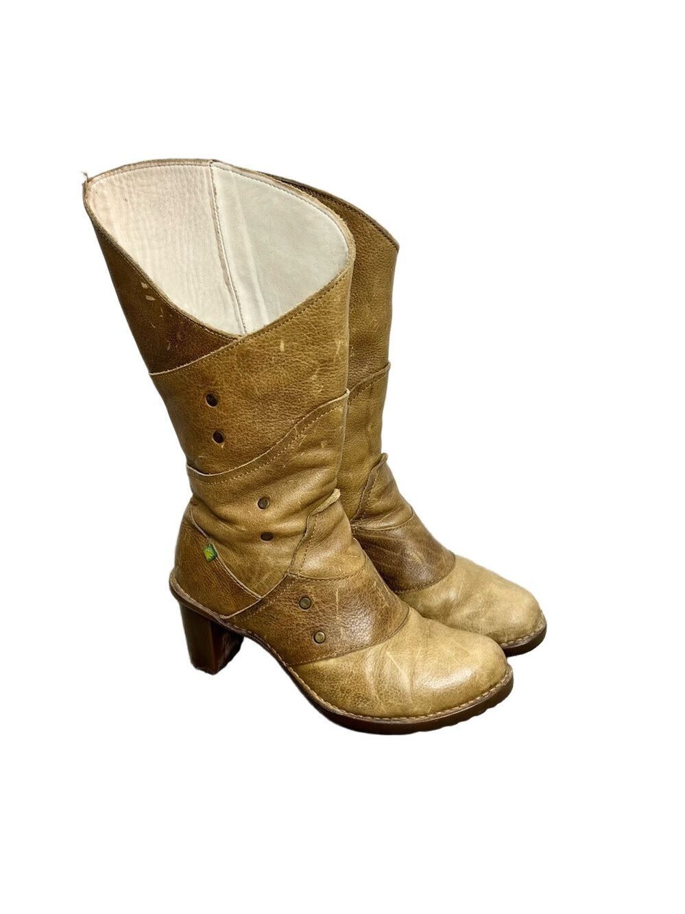 El Naturalista Spain distressed tan leather patchwork studded heeled boho boots - Picture 5 of 16